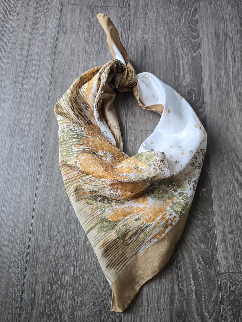 Vintage Jean Montil Scarf Wheat Field Botanical Camel Gold Olive 34" Square 70s